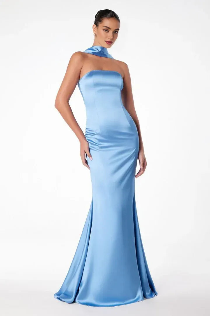Chic Fitted Strapless Sleeveless Satin Floor-Length Prom Dress