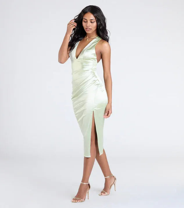 Chic Form-hugging V-Neck Sleeveless Crisscross Back Tea-Length Prom Dress