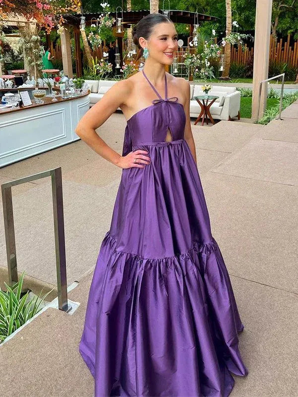 Chic Halter Sleeveless Sleeveless Satin Tiered Maxi Formal Dress