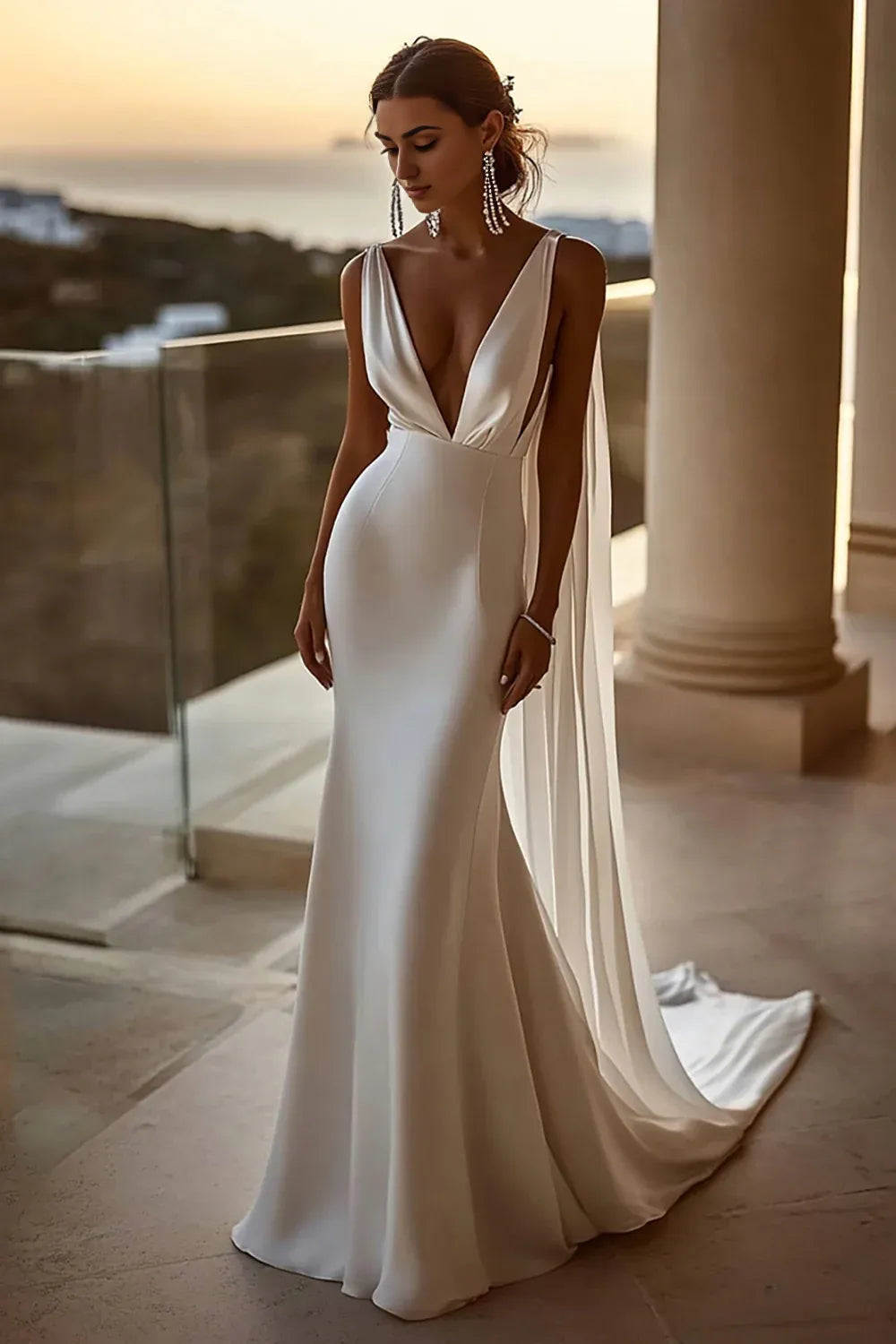 Chic Mermaid Deep V Neck Sleeveless V Back Chapel Train Wedding Dress
