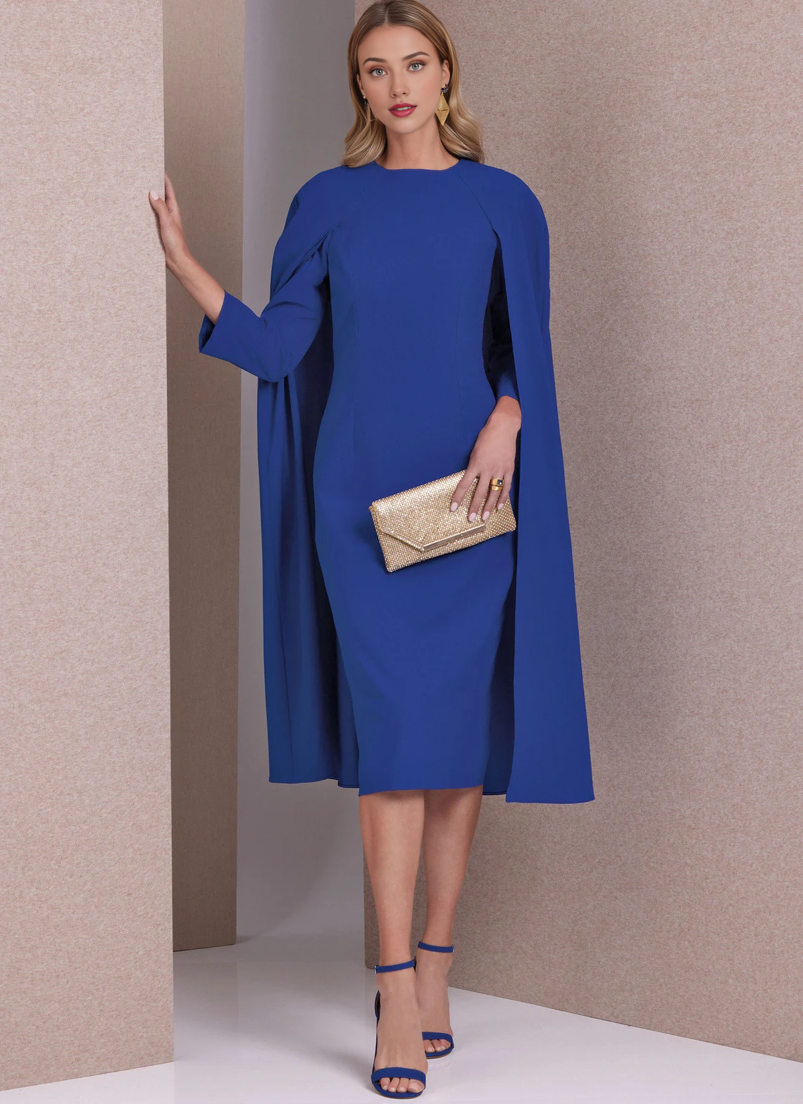 Vestido elegante de sirena con mangas largas, cuello redondo, capa, largo hasta la rodilla, para fiesta de graduación y cóctel 