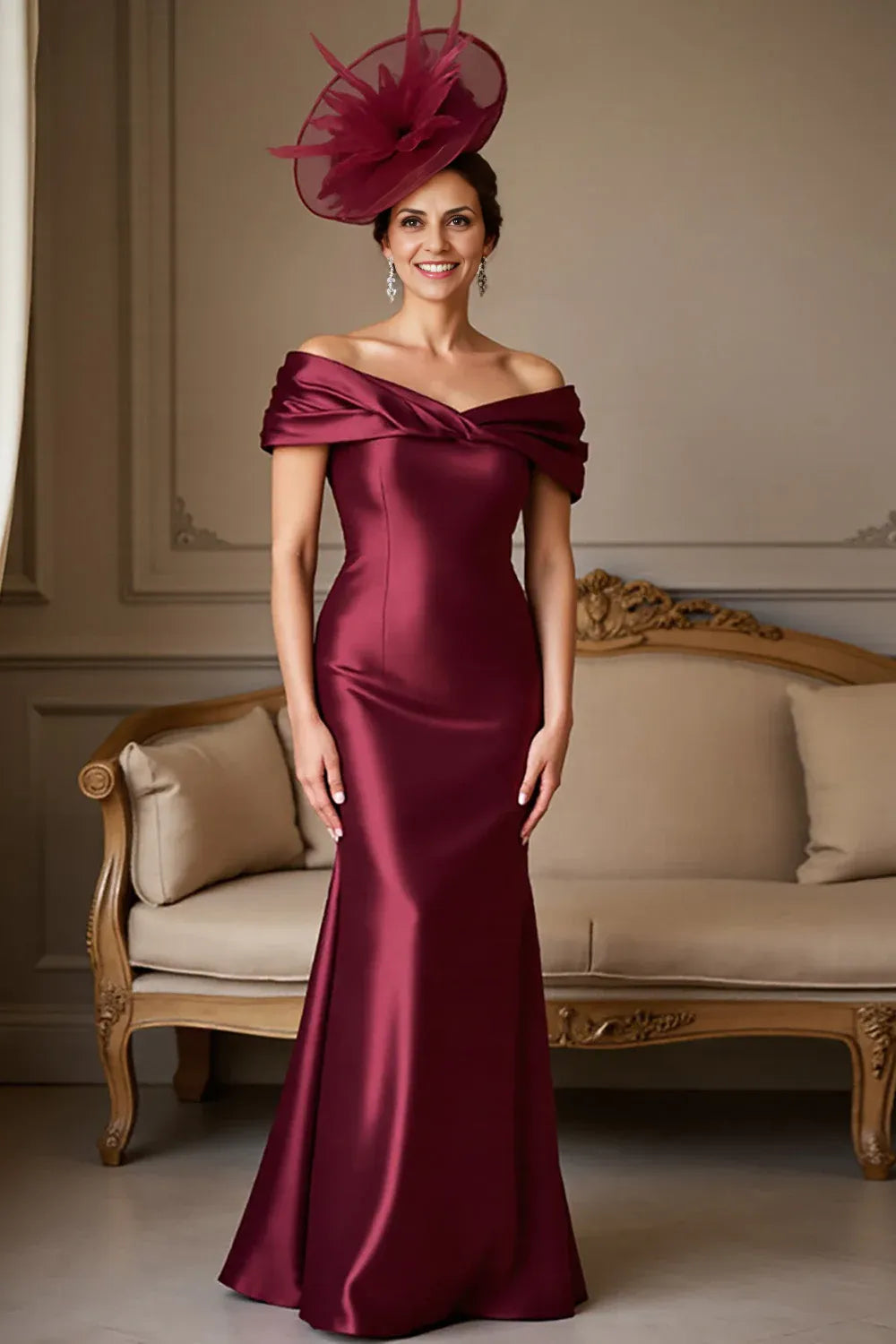 Chic Mermaid Off the Shoulder Cap Sleeve Backless Floor-Length Mother of the Bride Dress