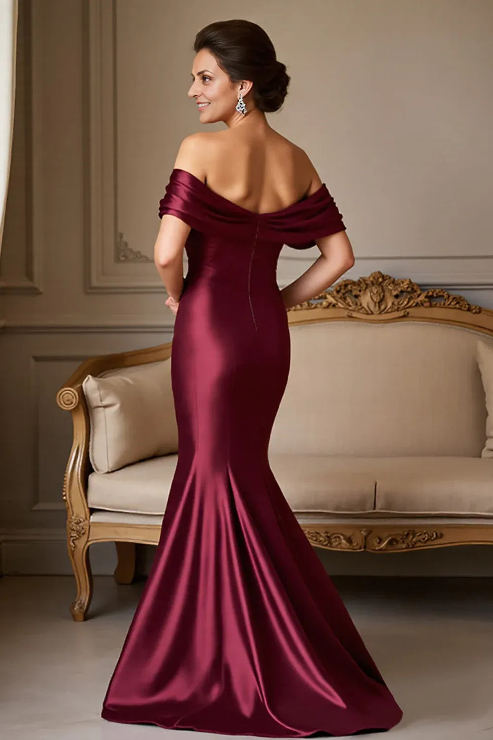 Chic Mermaid Off the Shoulder Cap Sleeve Backless Floor-Length Mother of the Bride Dress