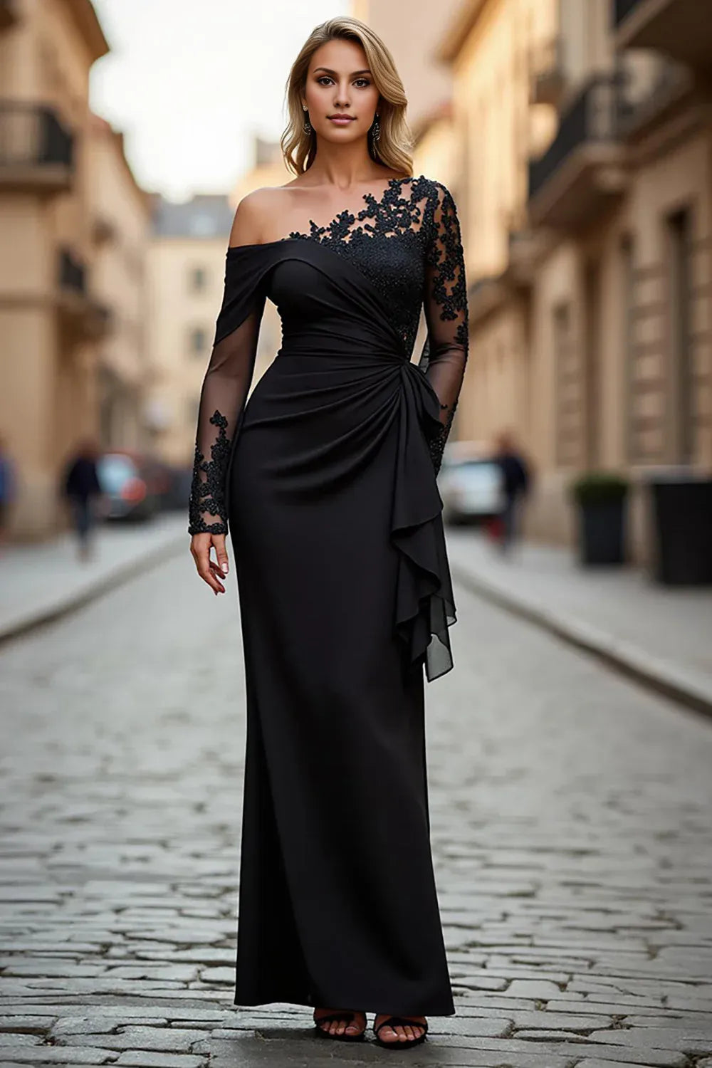 Chic Mermaid One Shoulder Long Sleeve Lace Up Floor-Length Mother of the Bride Dress