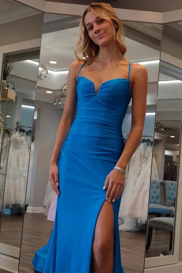 Chic Mermaid Spaghetti Strap Lace-up Satin Slit Prom Gown