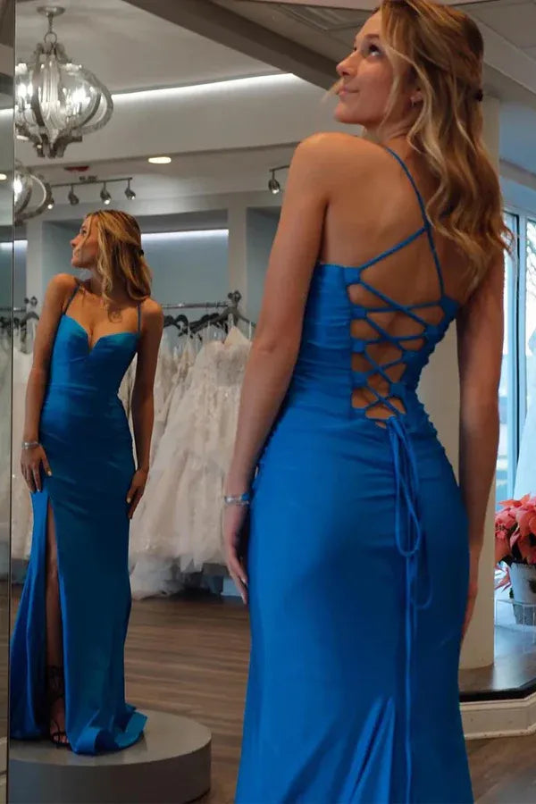 Chic Mermaid Spaghetti Strap Lace-up Satin Slit Prom Gown