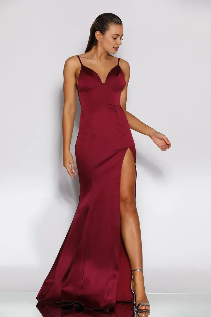 Chic Mermaid/Trumpet V Neck Sleeveless Satin Sweep/Brush Train Prom Dress