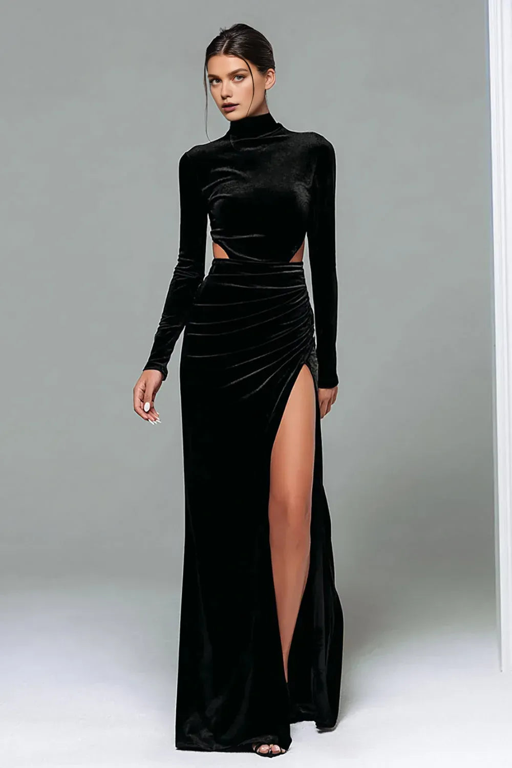 Chic Sheath/Column High Neck Long Sleeves Velvet Floor-Length Evening Dress