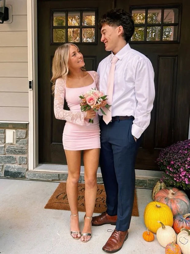 Chic Sheath/Column Square Neck Long Sleeves Lace Up Short-Mini Homecoming Dress