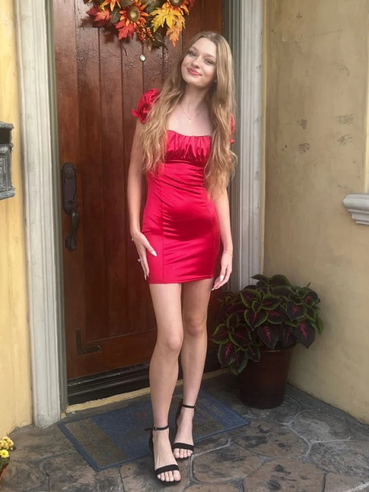 Chic Sheath/Column Square Neck Short Sleeves Zipper Up Short-Mini Homecoming Dress