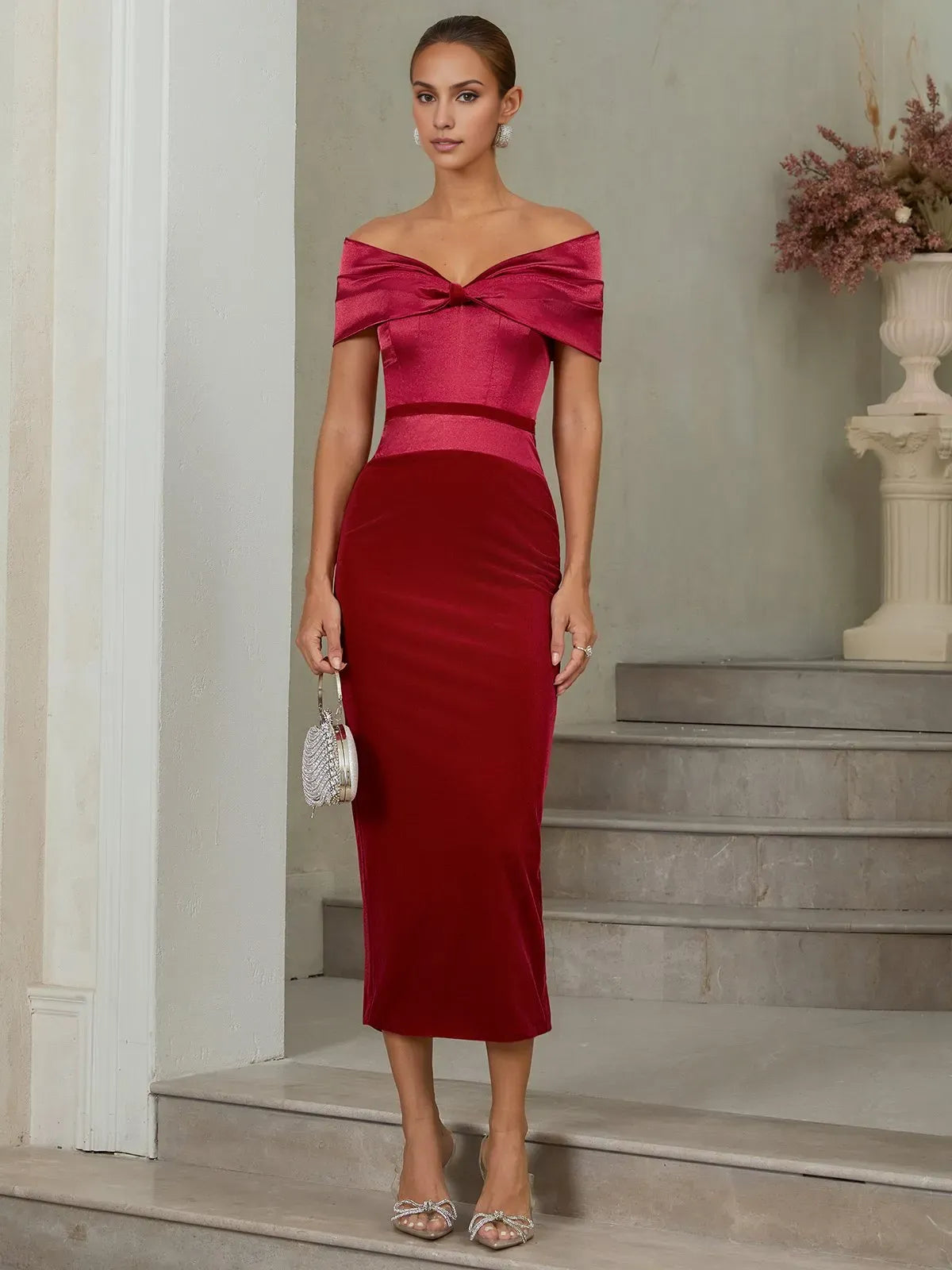 Chic Sheath Off The Shoulder Short Sleeve Backless Tea-Length Evening Dress