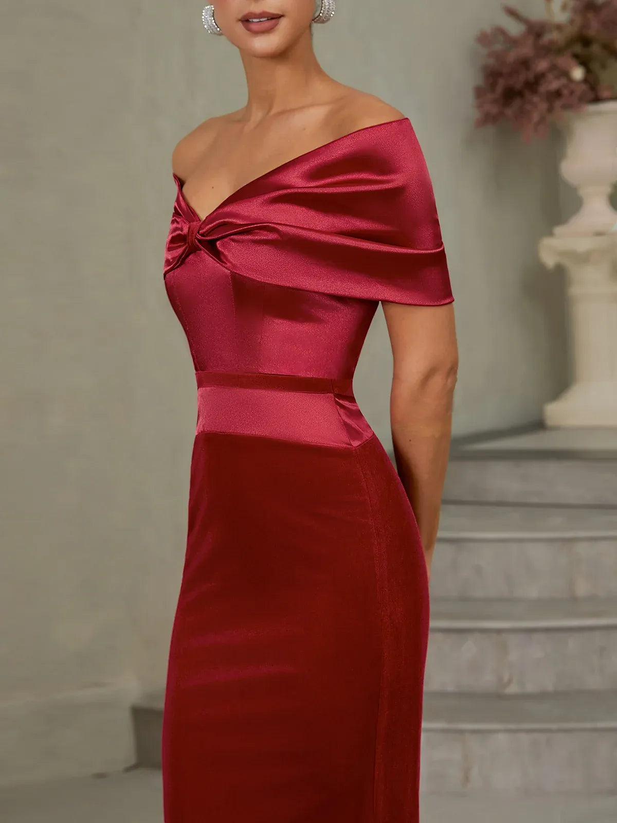 Chic Sheath Off The Shoulder Short Sleeve Backless Tea-Length Evening Dress