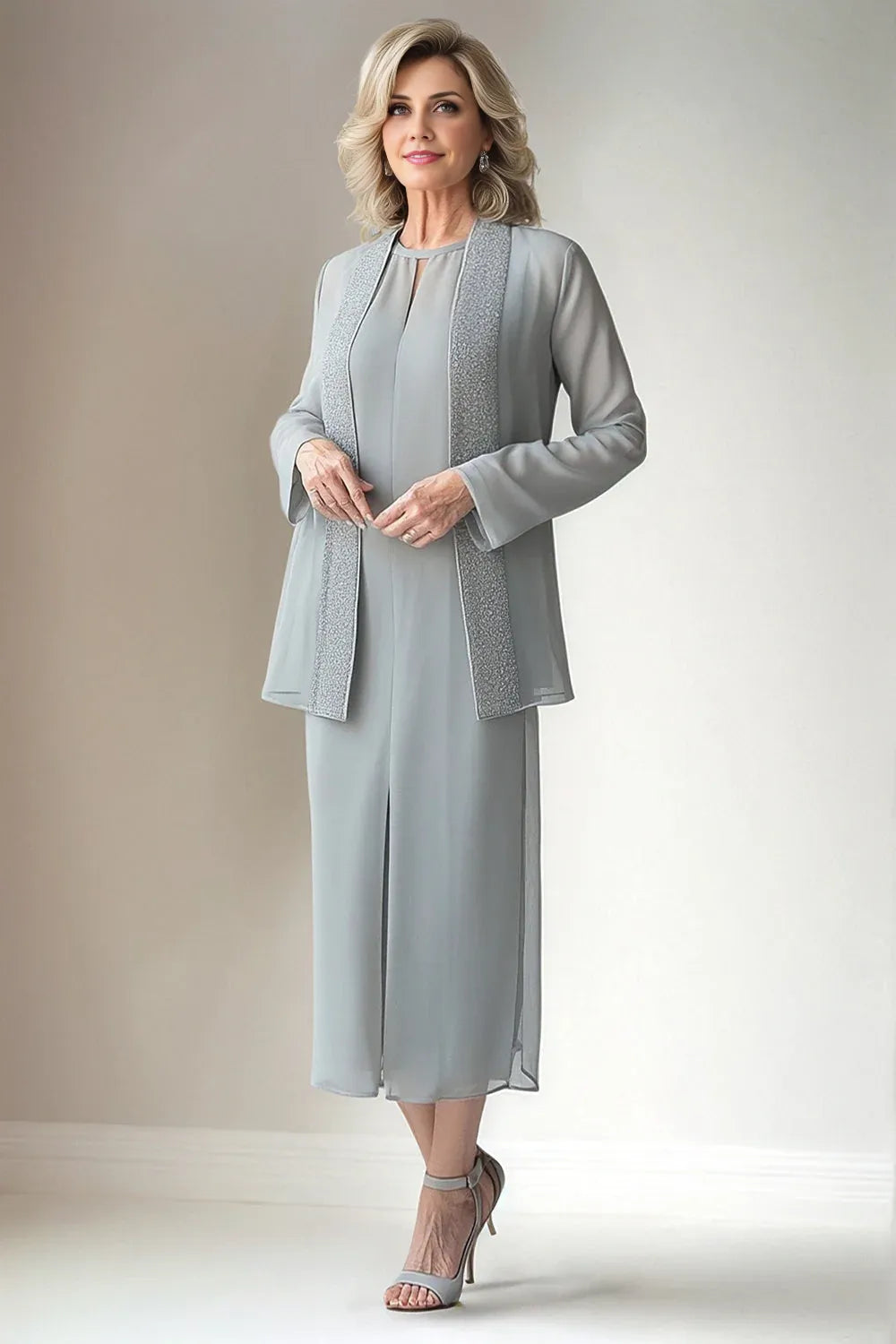 Chic Sheath Round Neck Long Sleeve Solid Color Ankle-Length Mother of the Bride Dress