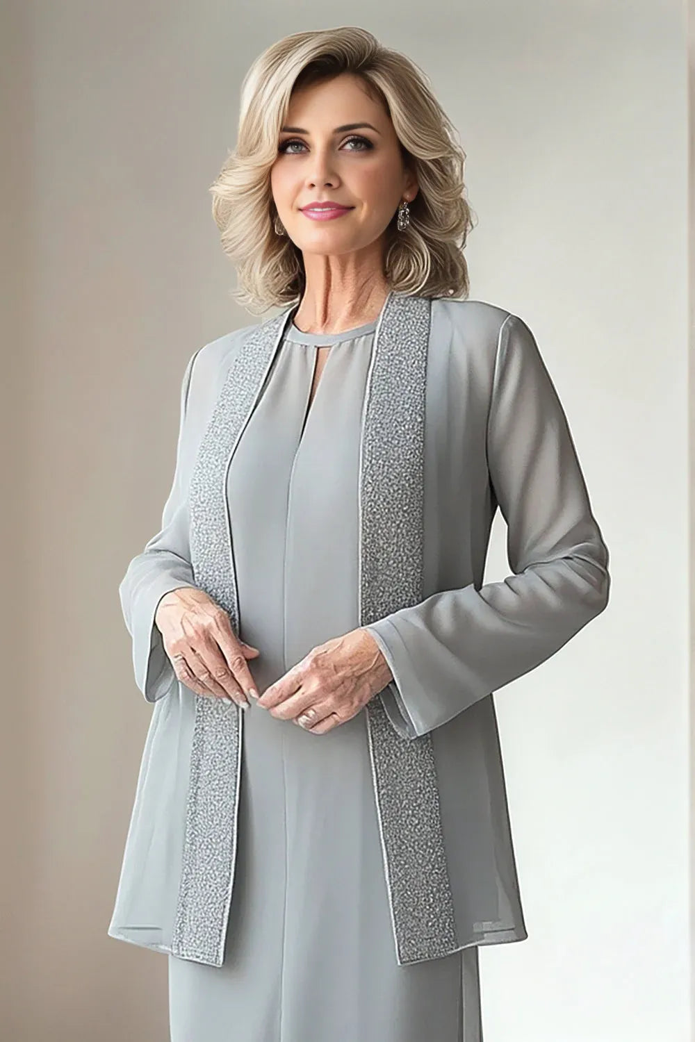 Chic Sheath Round Neck Long Sleeve Solid Color Ankle-Length Mother of the Bride Dress