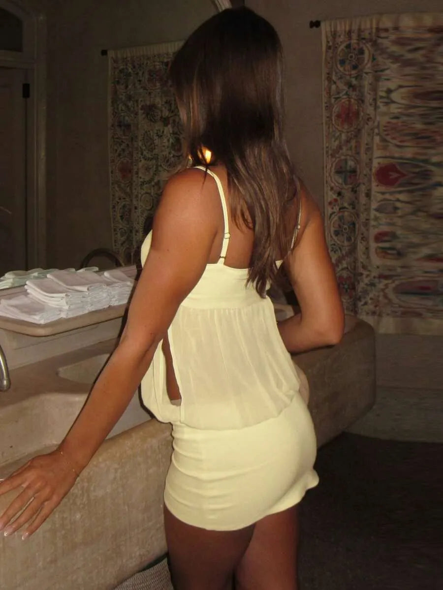 Chic Sheath Square Neck Spaghetti Straps Sheer Overlay Yellow Mini Homecoming Dress