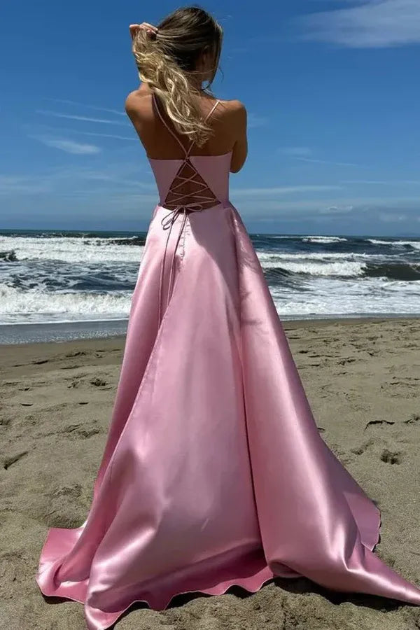 Chic Spaghetti Strap Lace-up Back Satin Maxi Prom Dress