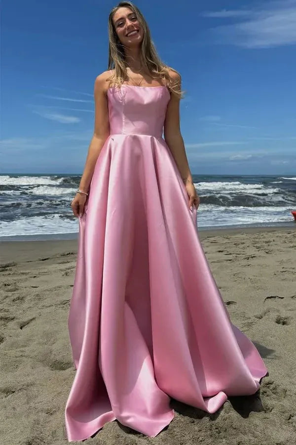 Chic Spaghetti Strap Lace-up Back Satin Maxi Prom Dress