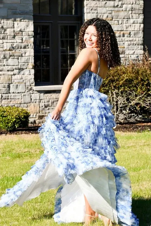 Chic Spaghetti Straps Sleeveless Empire A-Line Chiffon Tiered Long Prom Dress