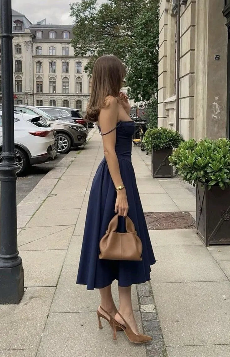Chic Strapless Sleeveless Fitted Bodice Midi Cocktail Dress
