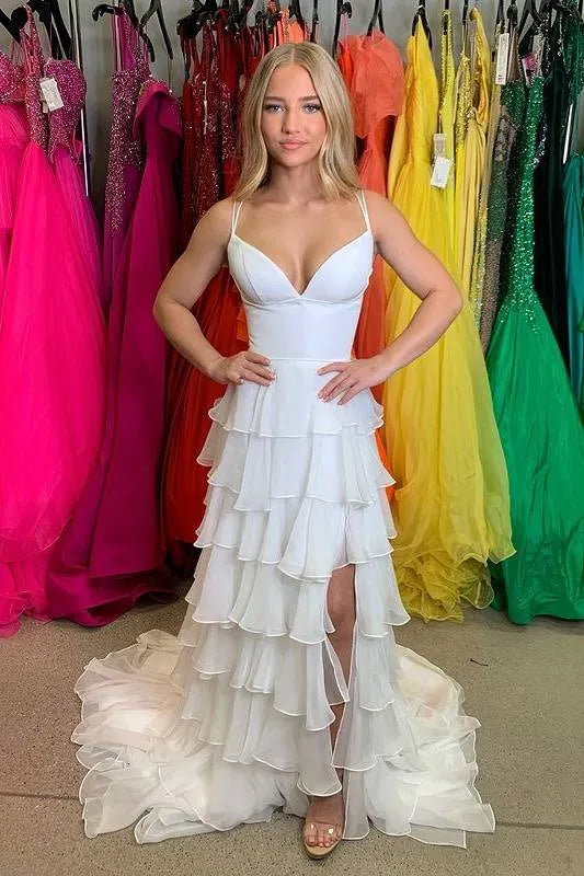 Chic Tiered Spaghetti Strap Sleeveless Organza Prom Dress With Slit