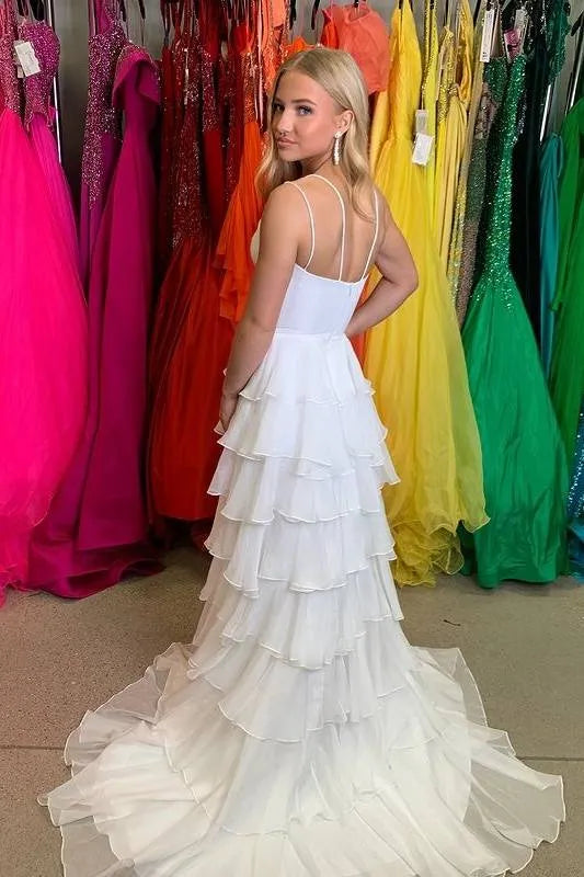 Chic Tiered Spaghetti Strap Sleeveless Organza Prom Dress With Slit