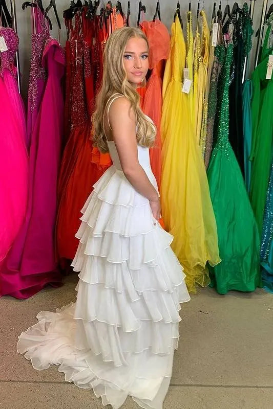 Chic Tiered Spaghetti Strap Sleeveless Organza Prom Dress With Slit