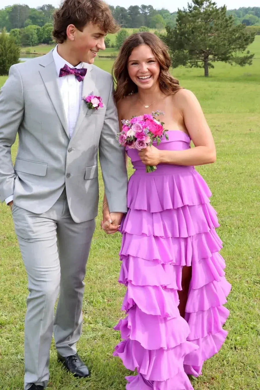 Chic Tiered Strapless Sleeveless Chiffon High Low Prom Dress