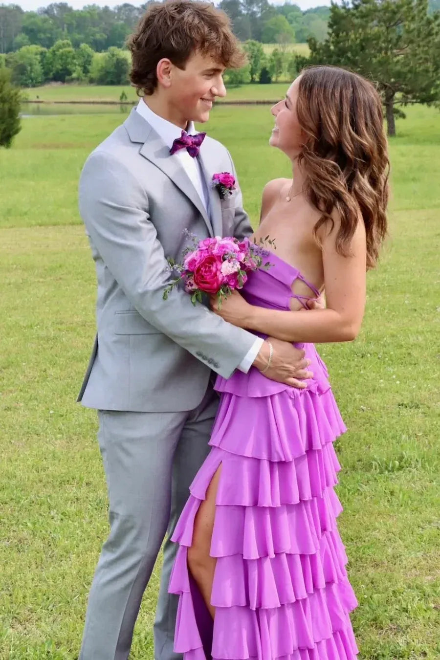 Chic Tiered Strapless Sleeveless Chiffon High Low Prom Dress