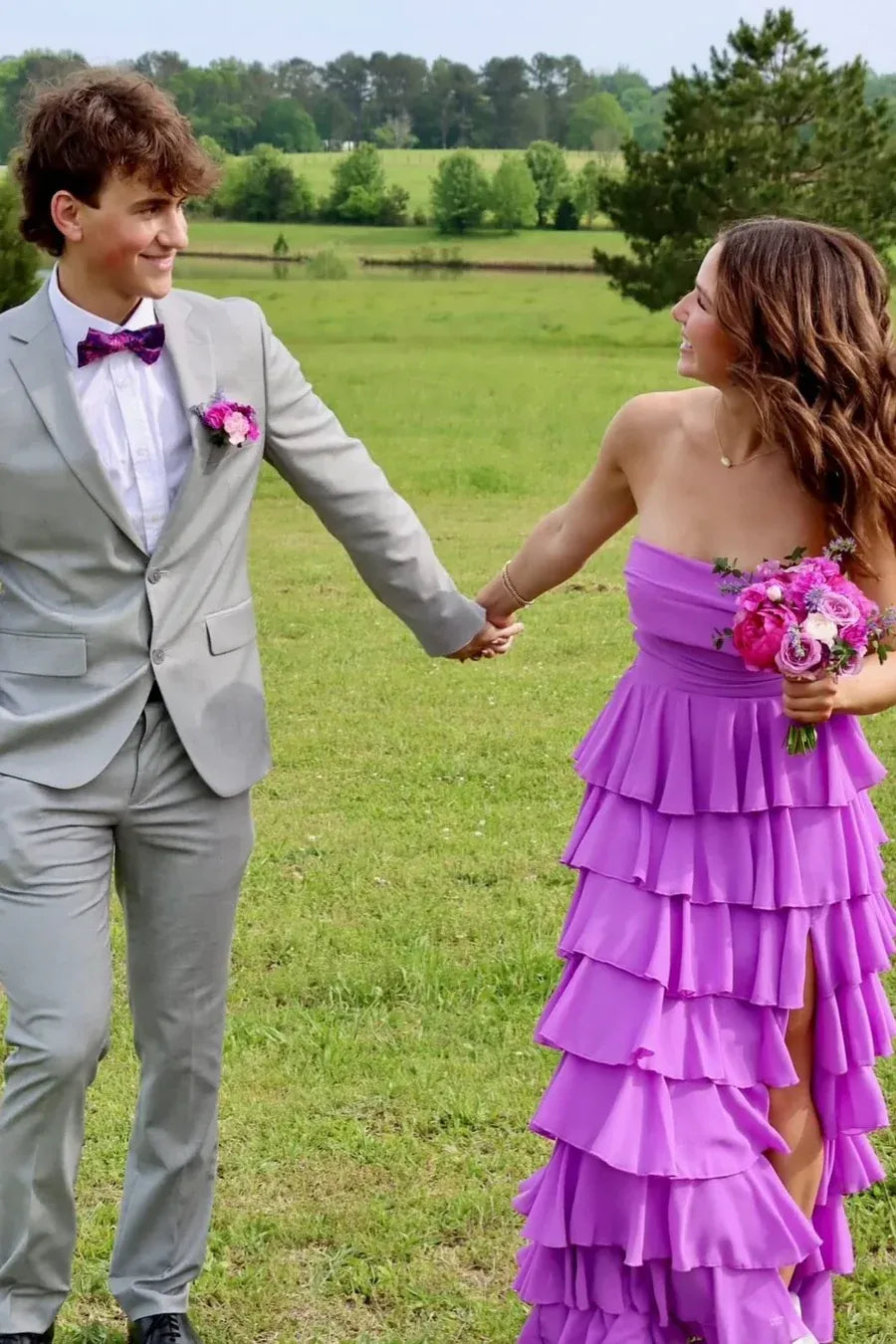 Chic Tiered Strapless Sleeveless Chiffon High Low Prom Dress
