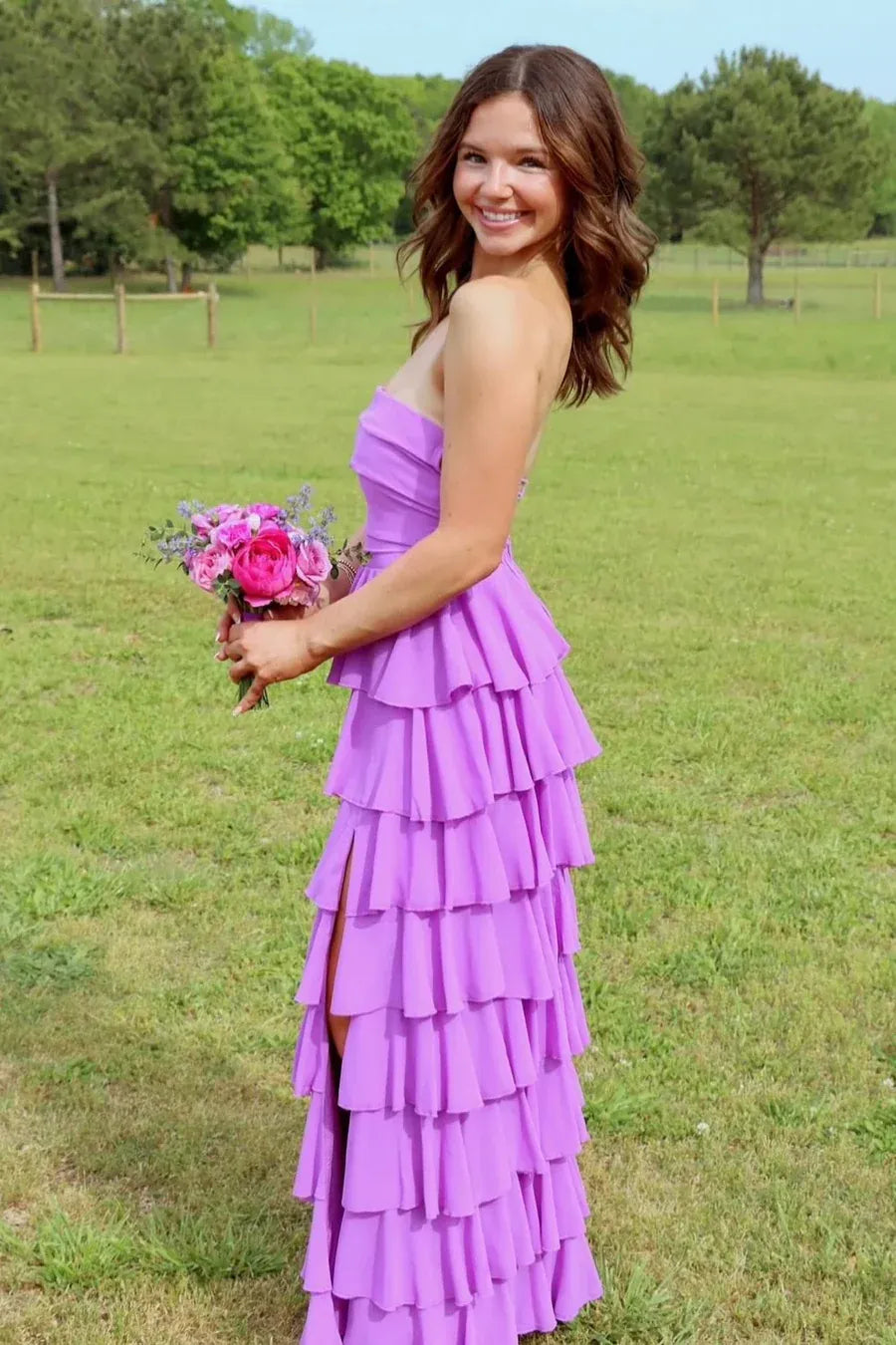 Chic Tiered Strapless Sleeveless Chiffon High Low Prom Dress