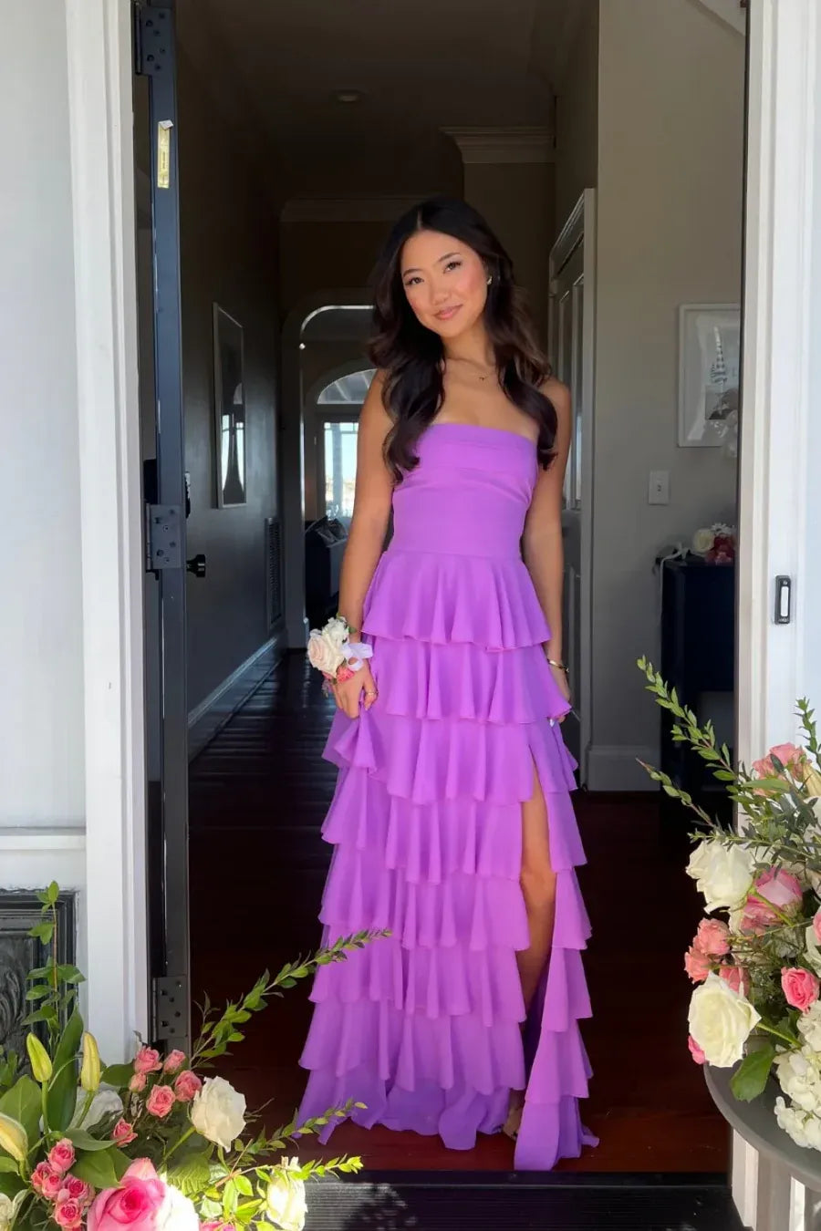Chic Tiered Strapless Sleeveless Chiffon High Low Prom Dress