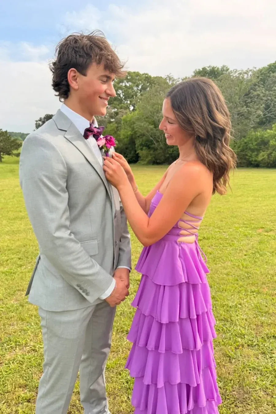 Chic Tiered Strapless Sleeveless Chiffon High Low Prom Dress