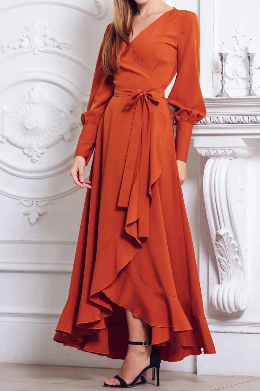 Chic V Neck Ankle Length A-line Long Sleeves Bridesmaid Party Prom Evening Dress