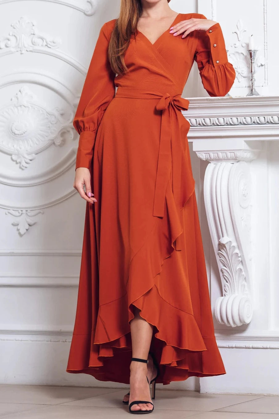 Chic V Neck Ankle Length A-line Long Sleeves Bridesmaid Party Prom Evening Dress