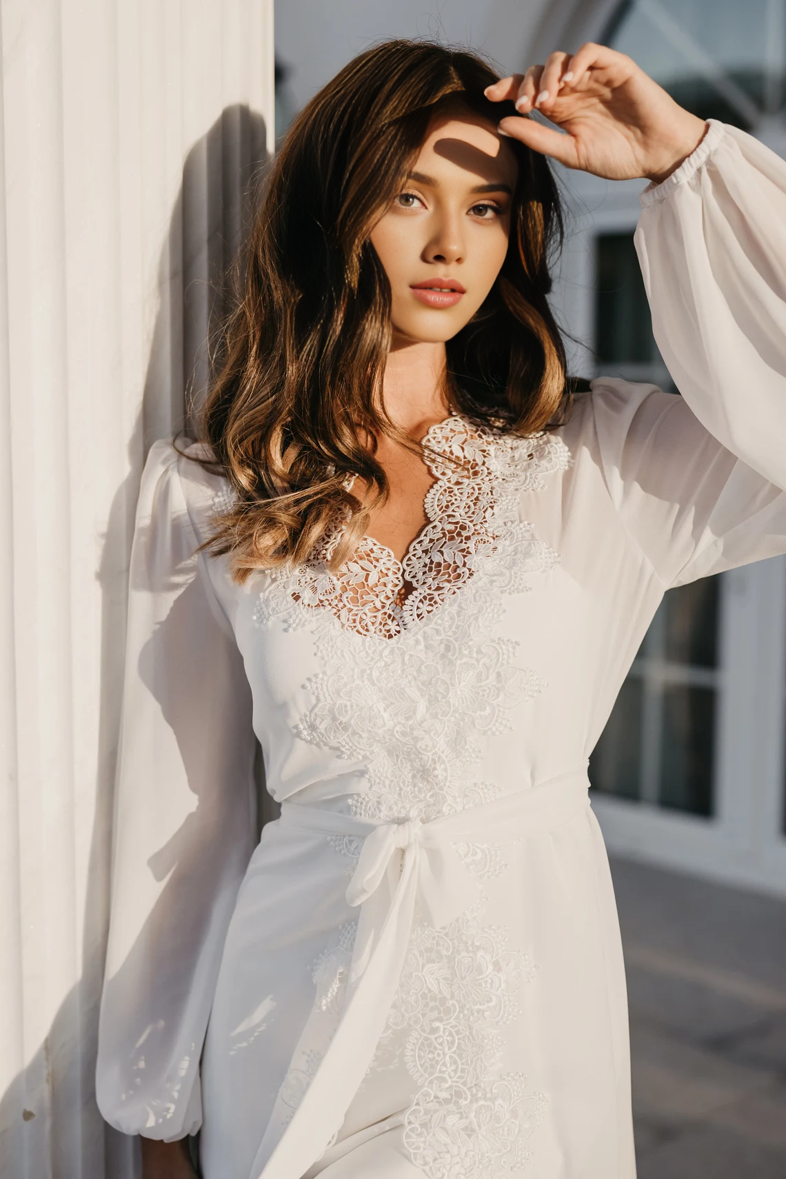 Chic V Neck Wedding Dress A-line Long Sleeves Prom Dress Lace Bridal Long Robe Party Dress