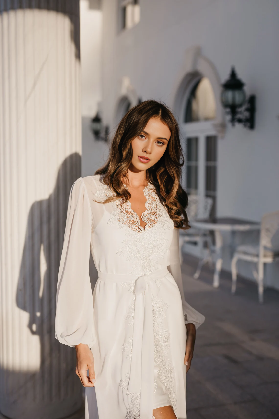 Chic V Neck Wedding Dress A-line Long Sleeves Prom Dress Lace Bridal Long Robe Party Dress