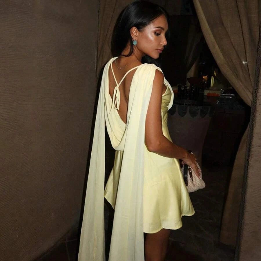 Chic A-Line Cowl Neck Backless Drape Satin Light Yellow Mini Homecoming Dress