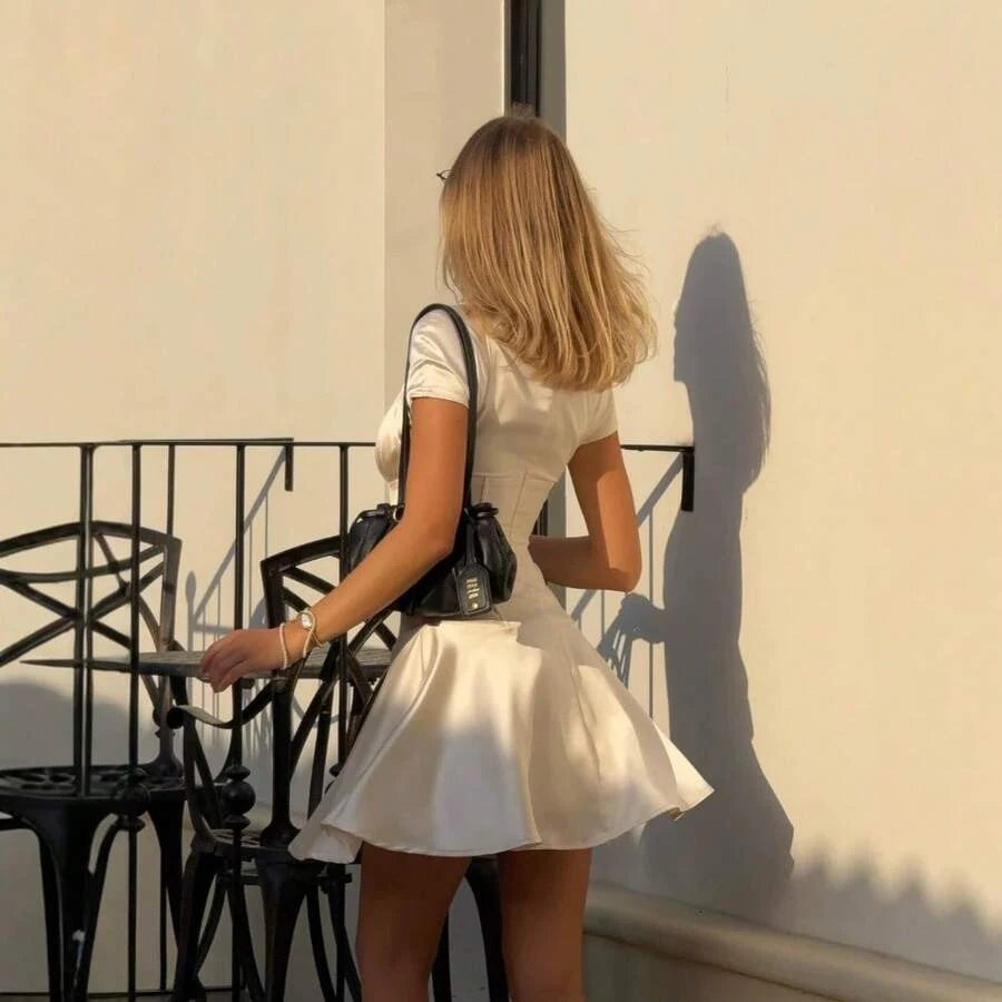 Chic A-Line Half High Neck Short Sleeve Corset Cutout Flared Cream White Mini Homecoming Dress