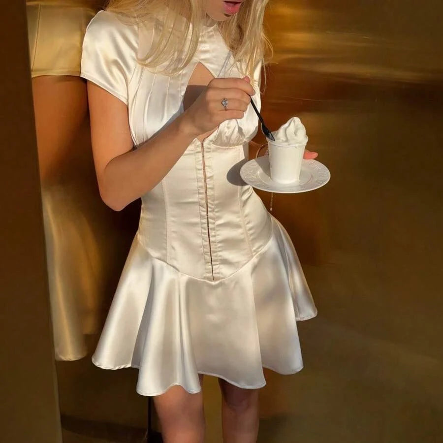 Chic A-Line Half High Neck Short Sleeve Corset Cutout Flared Cream White Mini Homecoming Dress