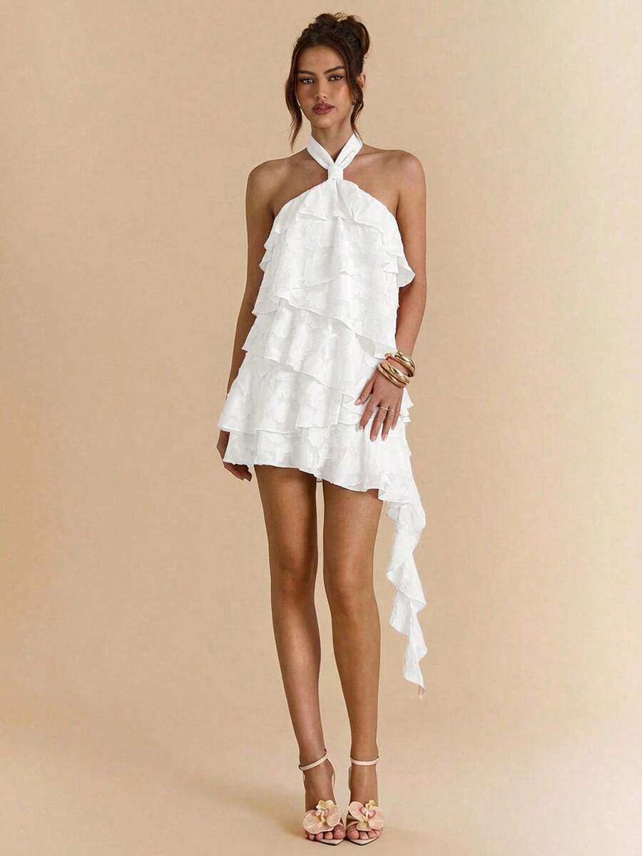 Chic A-Line Halter Neck Tiered Ruffle Floral Jacquard White Mini Homecoming Dresses