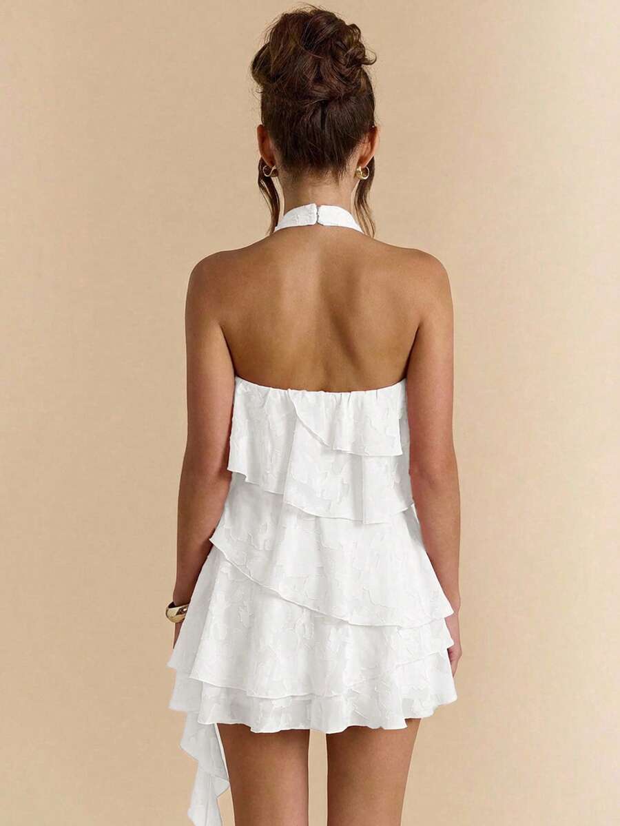 Chic A-Line Halter Neck Tiered Ruffle Floral Jacquard White Mini Homecoming Dresses