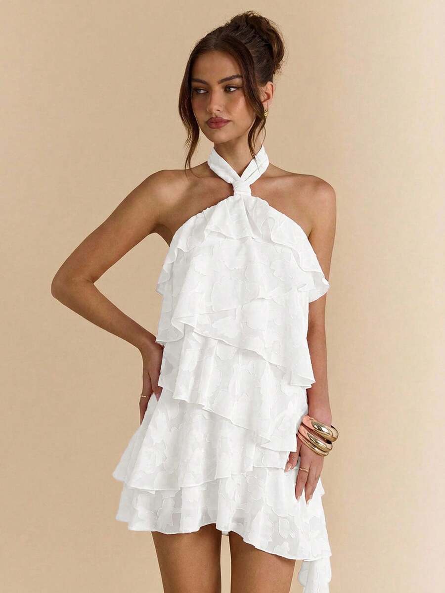 Chic A-Line Halter Neck Tiered Ruffle Floral Jacquard White Mini Homecoming Dresses