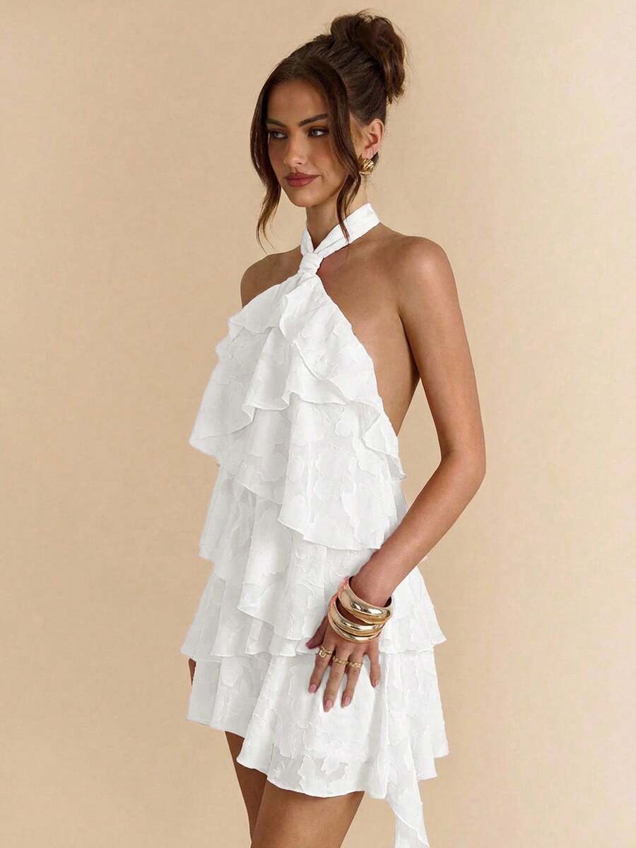 Chic A-Line Halter Neck Tiered Ruffle Floral Jacquard White Mini Homecoming Dresses