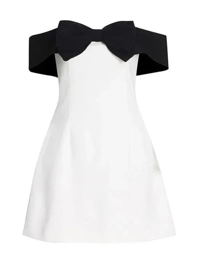 Chic A-Line Off-Shoulder Bow Two-Tone Mini Homecoming Dress For Ladies