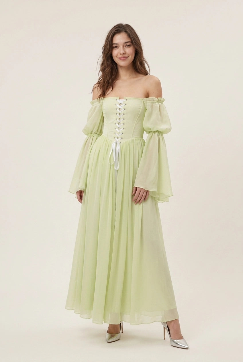 Chic A-Line Off-Shoulder Long Sleeve Corset Bodice Pale Green Floor-Length Prom Dress