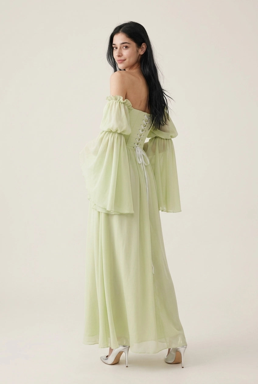 Chic A-Line Off-Shoulder Long Sleeve Corset Bodice Pale Green Floor-Length Prom Dress
