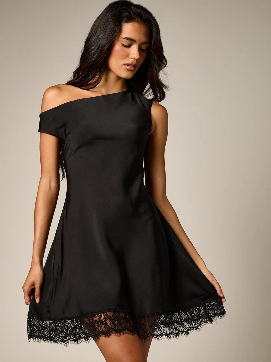 Chic A-Line Off-the-Shoulder Lace Trim Satin Black Mini Homecoming Dress
