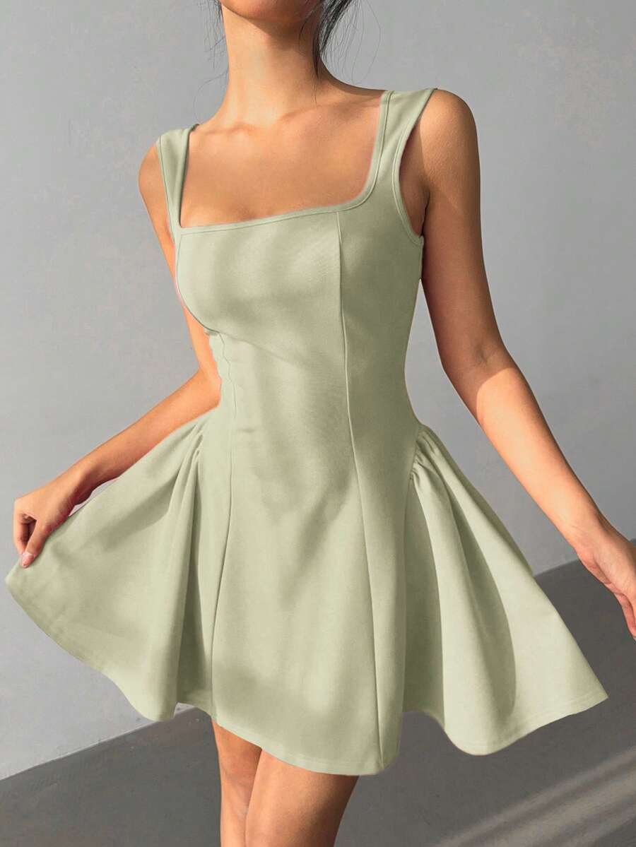 Chic A-Line Square Neck Bow Back Solid Color Sage Green Mini Homecoming Dress