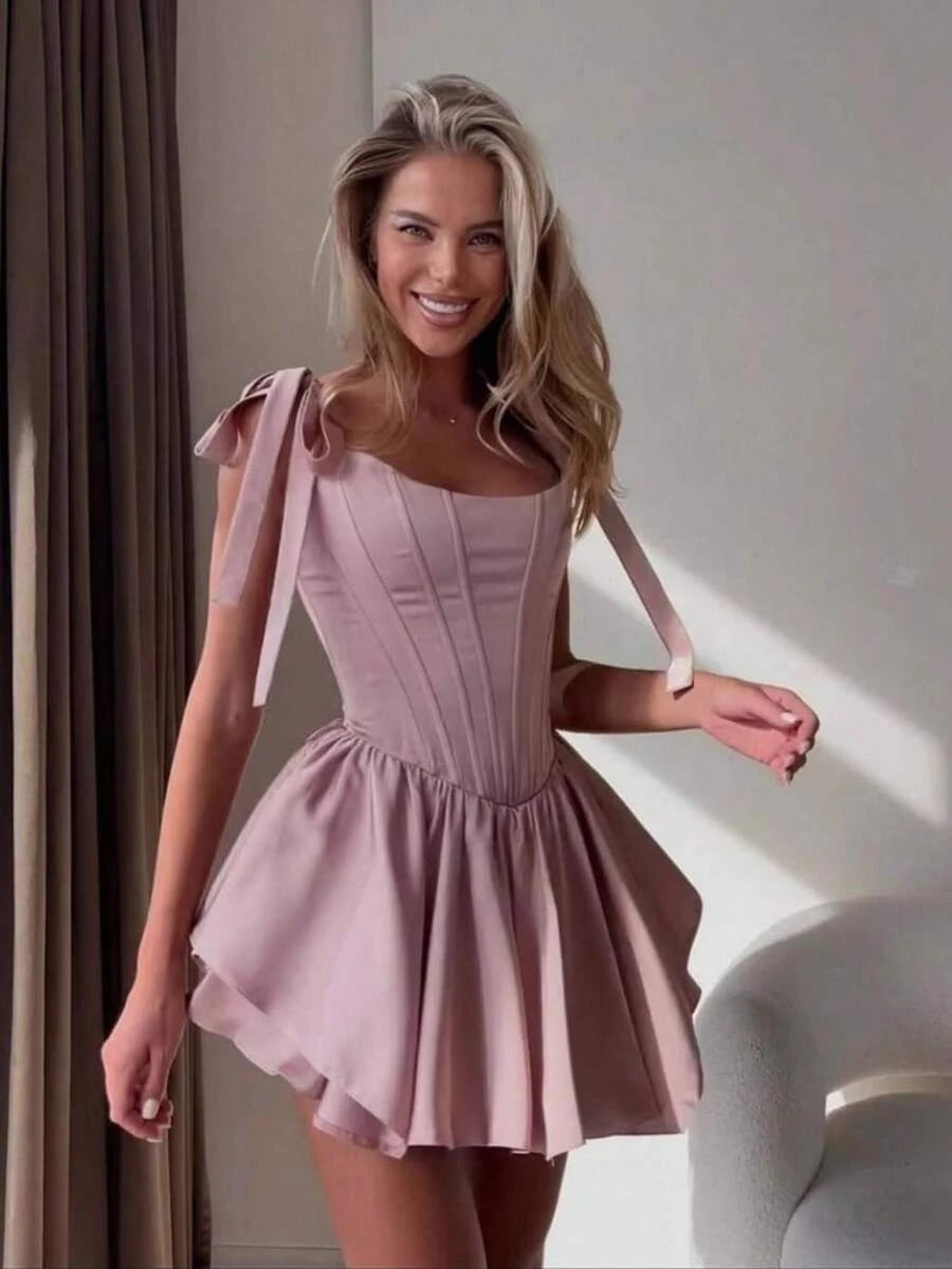 Chic A-Line Square Neck Tie-Shoulder Corset Satin Dusty Pink Mini Homecoming Dress