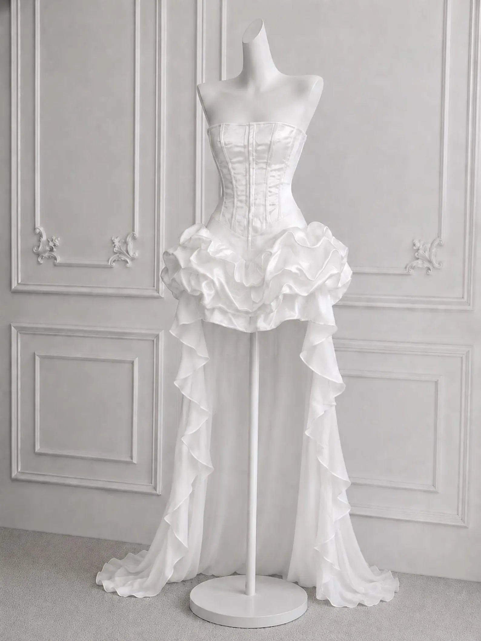 Chic A-Line Strapless Corset Ruffled White High-Low Homecoming Dress With Detachable Train